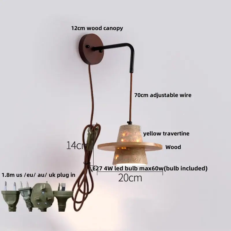 Rustic yellow travertine wall lamp with pull chain switch and 12cm wooden canopy for bedroom lighting