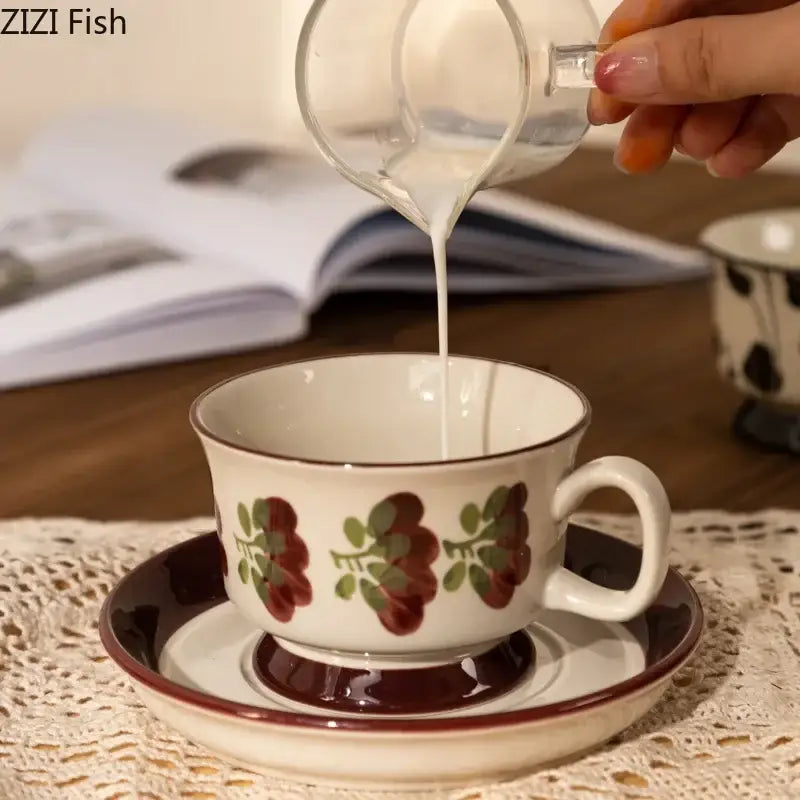 White ceramic ink flowers ceramic cup and saucer set with red and green floral pattern for dining room decorbites ink flowers