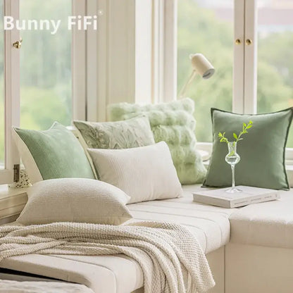 Soft sage green velvet cushion with subtle texture and clean edges in decorbites ins wind matcha green living room decor