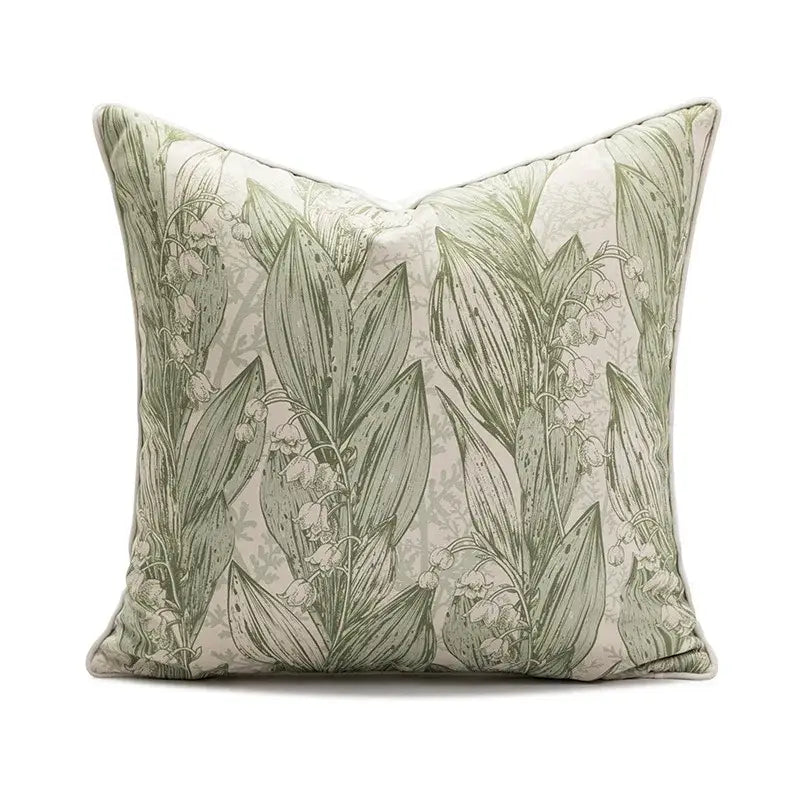 Square cushion with botanical lily of the valley print in muted sage green on off white for decorbites ins wind matcha decor