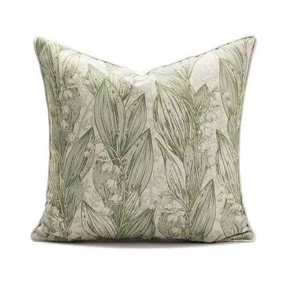 Square cushion with botanical lily of the valley print in muted sage green on off white for decorbites ins wind matcha decor