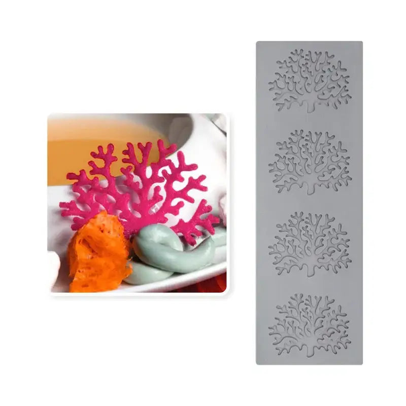 Pink coral branch leaf silicone mold with four identical tree designs on gray base by decorbites coral branch