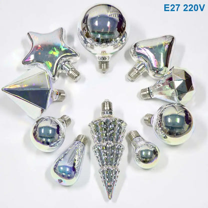 A collection of iridescent metallic-finish decorbites 3d led fireworks decor bulbs in star pyramid and diamond shapes for ambient light