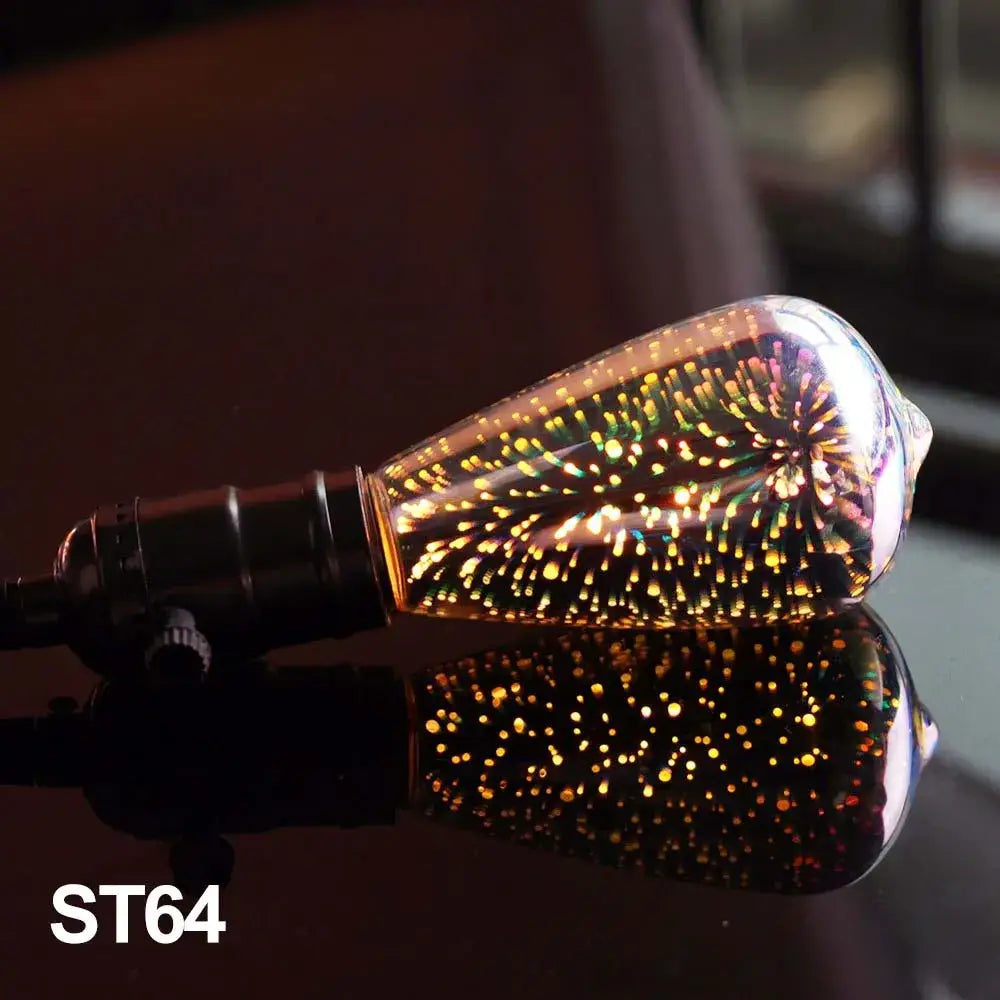Iridescent decorbites 3d led fireworks decor bulb with glowing st64 filament and golden sparkles on black metal base