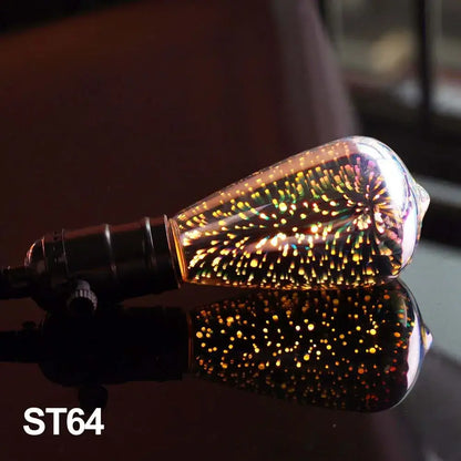 Iridescent decorbites 3d led fireworks decor bulb with glowing st64 filament and golden sparkles on black metal base