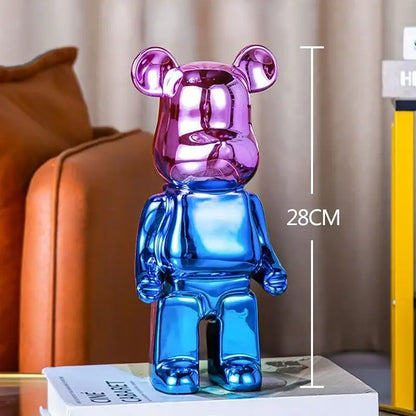 A glossy iridescent bear tv cabinet sculpture decor piggy bank with reflective purple head and blue body for living room