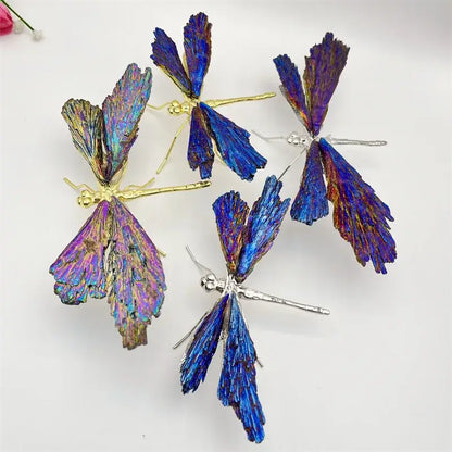 Iridescent blue and purple crystal dragonfly decorative figurines with metallic gold silver and bronze bodies for bedroom decor