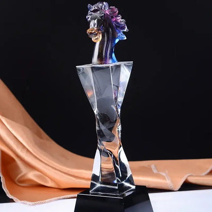 Iridescent decorbites crystal horse trophy with translucent faceted geometric base for living room decor