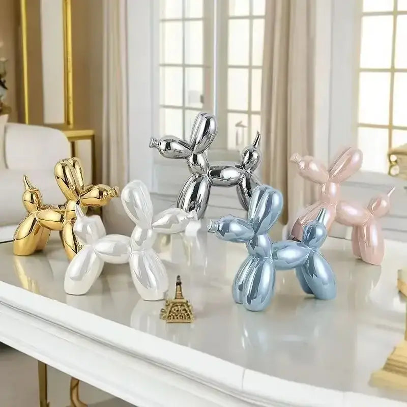 Shiny metallic balloon dog ceramic sculptures in gold silver white blue and pink for living room decor