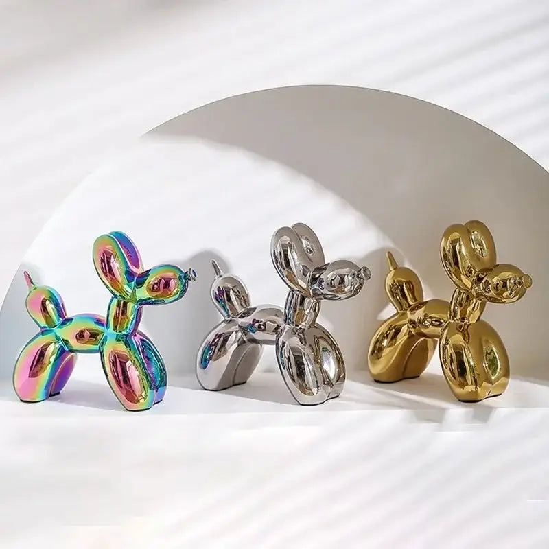 Iridescent glossy balloon dog ceramic sculpture with a reflective surface for living room decor
