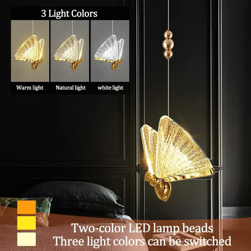 Iridescent gold butterfly pendant light with intricate two-color led beads emitting warm natural or white light for decorbites butterfly pendant lights