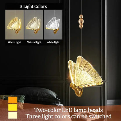 Iridescent gold butterfly pendant light with intricate two-color led beads emitting warm natural or white light for decorbites butterfly pendant lights