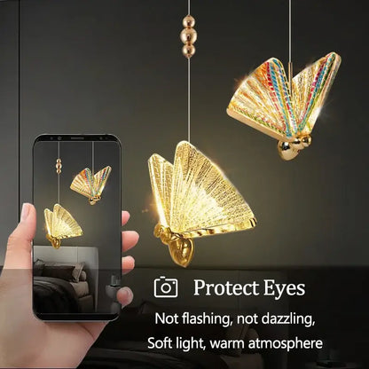 Iridescent gold butterfly pendant light with rainbow wings and metallic bodies for bedroom and living room decorbites butterfly pendant lights