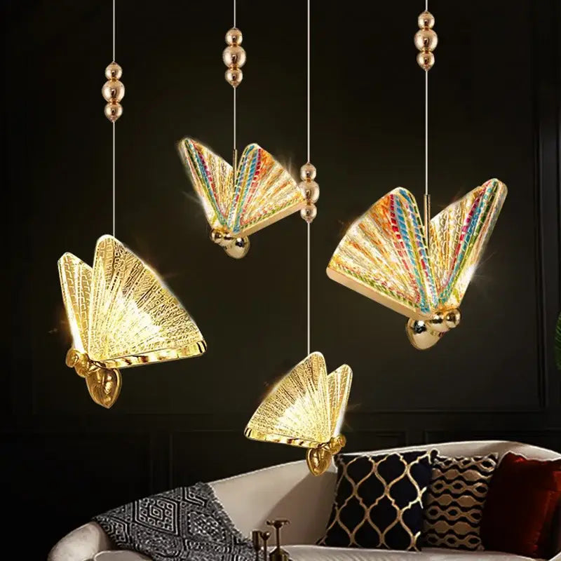 Iridescent gold butterfly pendant light with rainbow wings and metallic accents perfect for bedroom or living room decorbites butterfly pendant lights