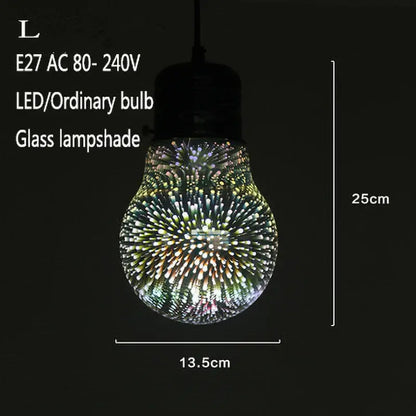 A 25cm tall glass pendant lampshade with vibrant iridescent fireworks pattern glowing in multiple colors for living room decor