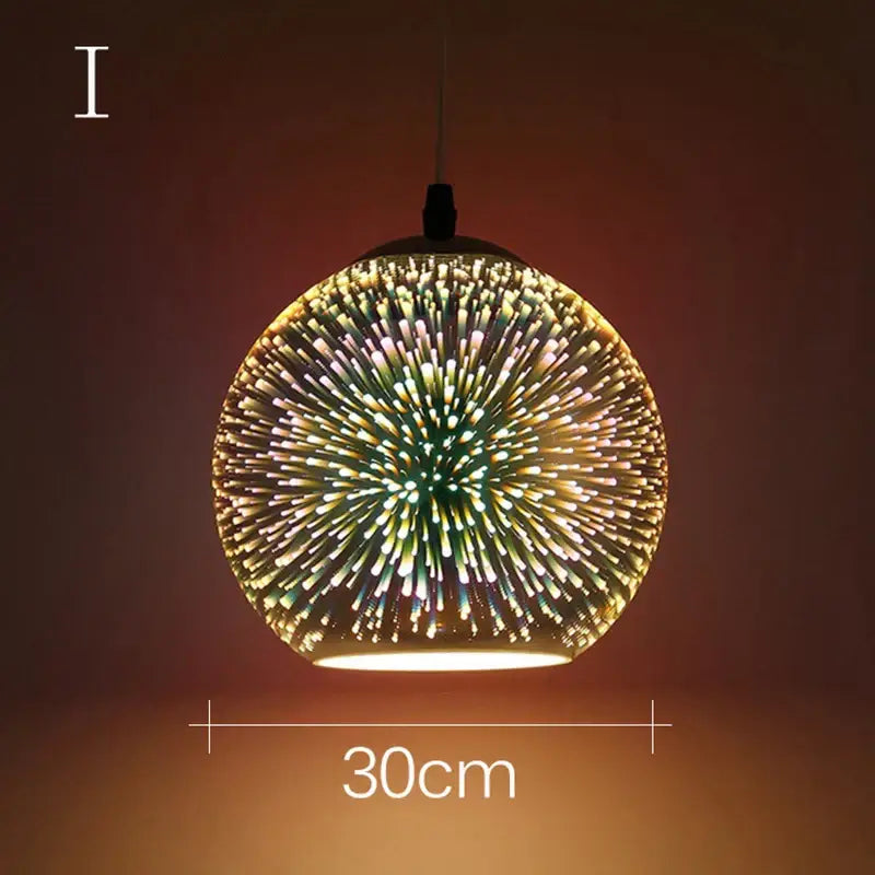 Iridescent starburst glass pendant light with warm yellow and green glowing filaments for living room decor