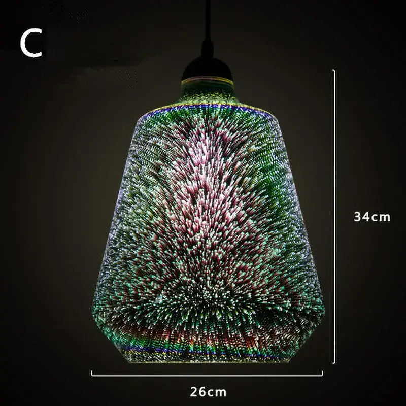 A vibrant cone-shaped glass pendant light with green and pinkish-purple starburst spikes for living room decor