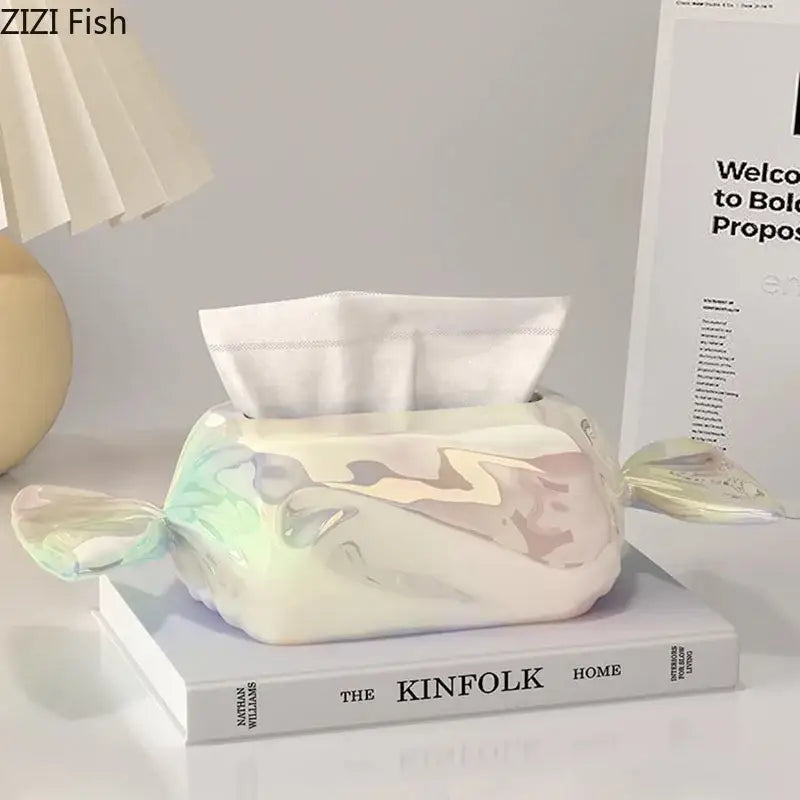 Iridescent whale ceramic tissue box holder with glossy candy-wrapper style and white pastel pink swirls for living room decor