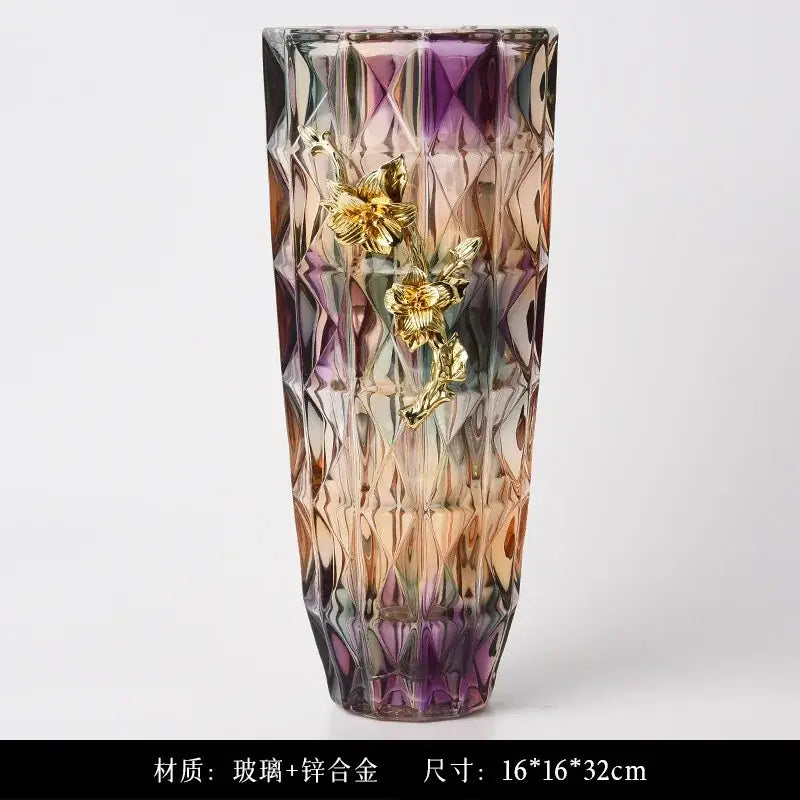 A tall crystal glass vase with purple and amber gradient and gold floral embellishments, ornate feet, dining room decor