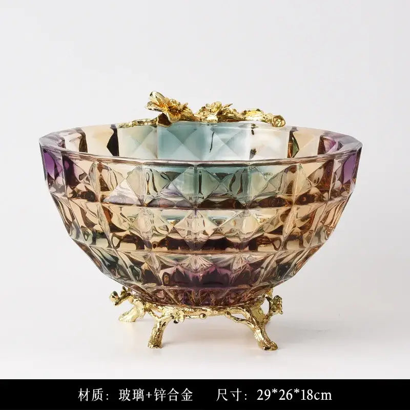 Iris crystal glass dessert bowl with multi-toned gradient, diamond-cut design, and gold leaf ornate feet and lid ornamentation