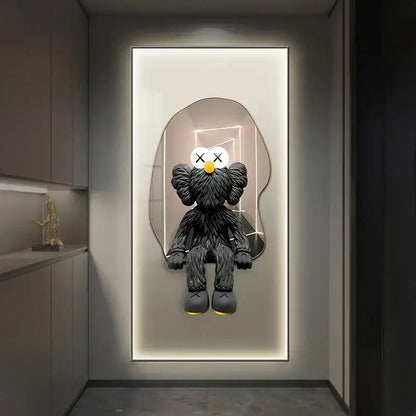 Black kaws-style plush figure with yellow nose and feet textured fur surface iron man metallic bearbrick led wall lamp