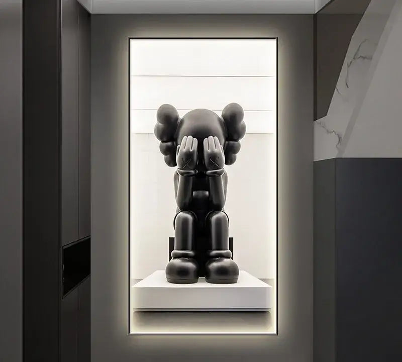 Black kaws companion sculpture with glossy finish seated covering eyes iron man metallic bearbrick led wall lamp decor