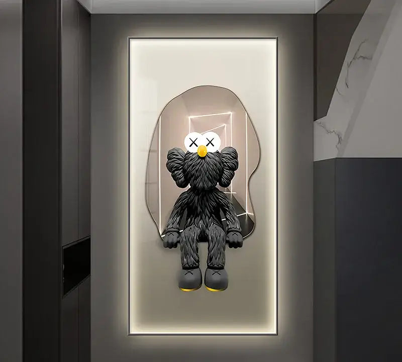 Black kaws-style plush iron man metallic bearbrick with textured fur yellow nose and feet in modern led wall lamp frame