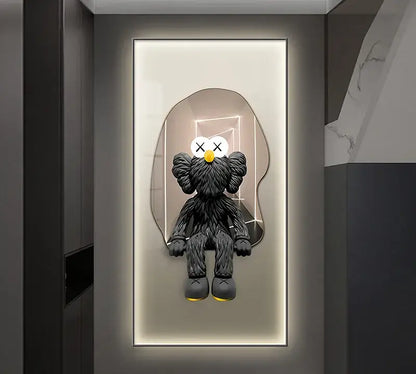 Black kaws-style plush iron man metallic bearbrick with textured fur yellow nose and feet in modern led wall lamp frame