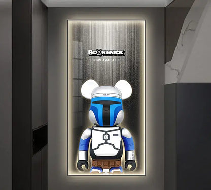 Blue and white mandalorian-themed bearbrick figure displayed in a lit led wall lamp showcase for bedroom decor