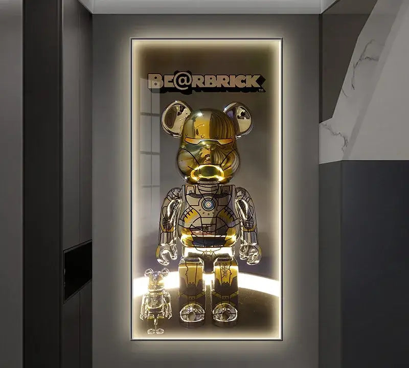 Golden metallic bearbrick led wall lamp with sleek armored design and reflective surfaces for bedroom decor