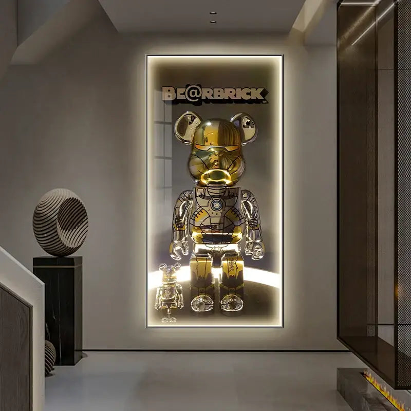 A golden and silver metallic bearbrick led wall lamp with reflective armored design for bedroom decor