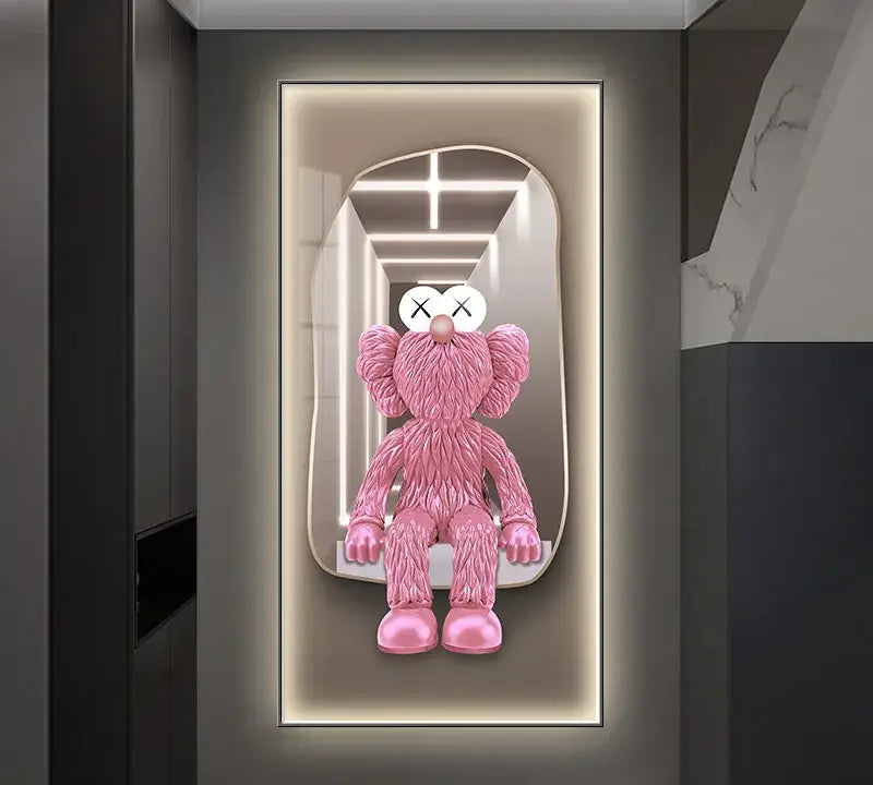 Pink kaws-style plush bearbrick with textured fur and white x-eyed face in iron man led wall lamp frame bedroom decor