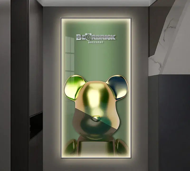 A sleek metallic gold and green bearbrick led wall lamp with glossy finish for bedroom decor illuminated frame
