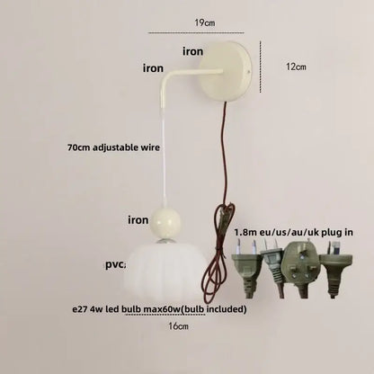 Off-white decorbites iron nordic led wall light with curved iron arm frosted pvc shade and pull chain for bedroom decor