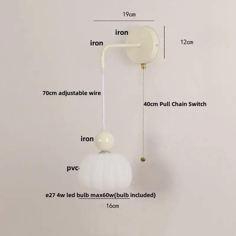 White textured pvc lampshade iron nordic led wall light with iron mounting and pull chain switch cream and pink decorbites iron nordic