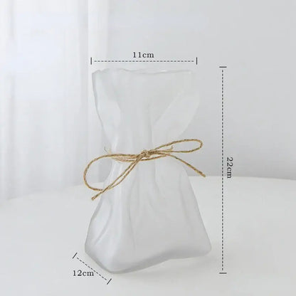 Irregular folded decorbites clear glass vase with translucent white frosted glass and natural twine bow for living room decor