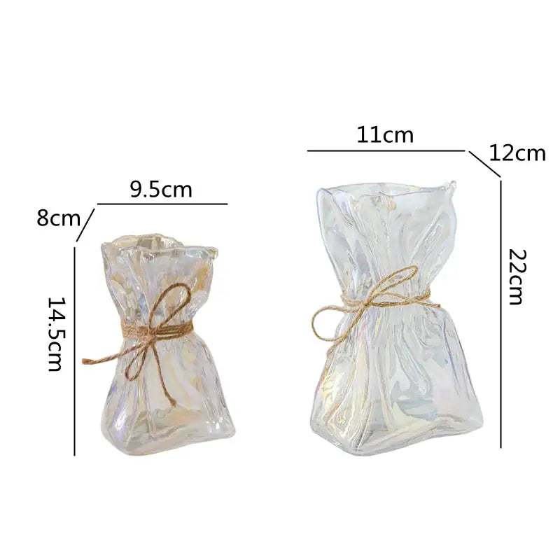 Irregular folded decorbites clear glass vase with twine bow transparent iridescent flower ornament for living room decor