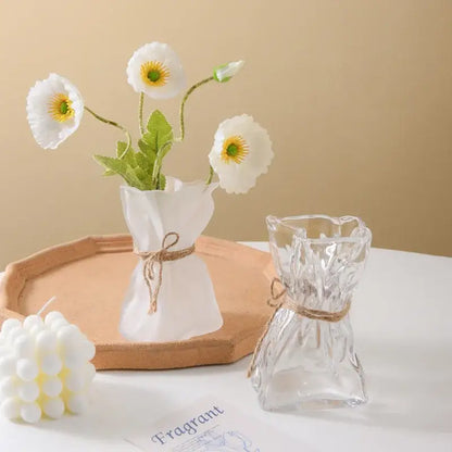 Irregular folded decorbites clear glass vase with intricate cuts ruffled rim and natural twine for living room decor