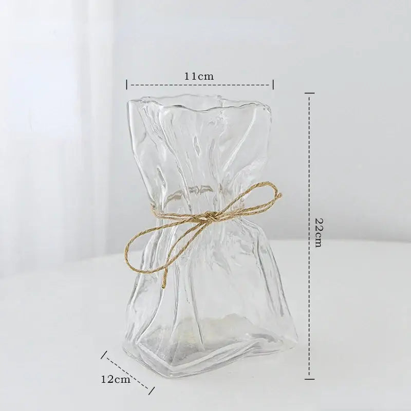 Irregular folded decorbites clear glass vase with crinkled design and natural twine bow for living room decor