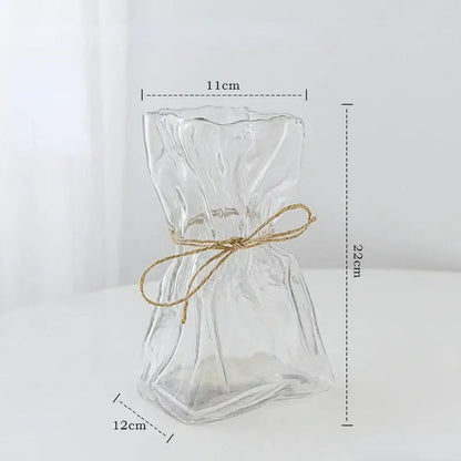 Irregular folded decorbites clear glass vase with crinkled design and natural twine bow for living room decor