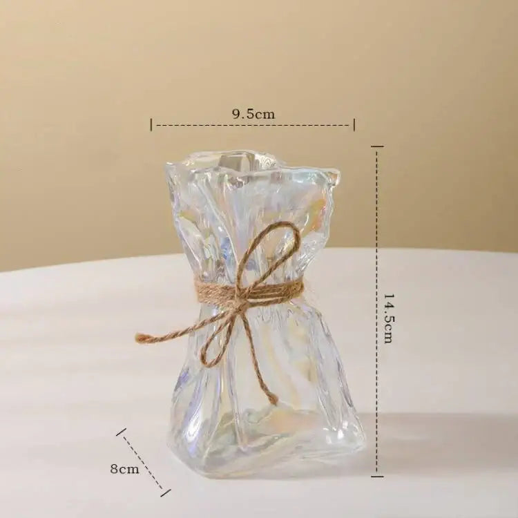 Irregular folded clear glass vase with faceted design and rustic twine bow for living room decorbites clear glass decor