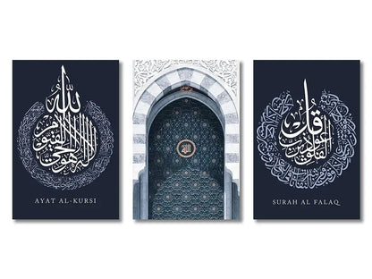 Set of 3 islamic canvas wall art prints with white arabic calligraphy and arched doorway on dark navy backgrounds