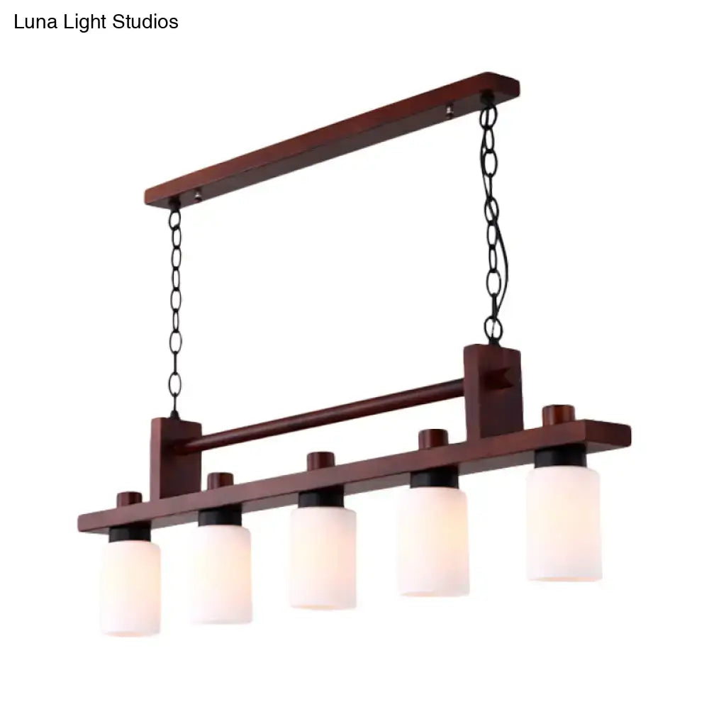 Decorbites traditional linear wood rectangular chandelier in brown with five opal glass shade frosted lights suspended by black chains