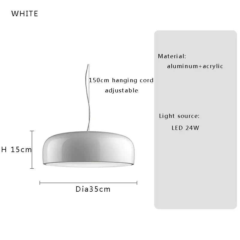 White pendant ceiling lamp with sleek dome shape made of aluminum and acrylic for decorbites italian minimalist round
