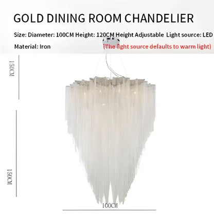 Gold dining room chandelier with cascading crystal strands and iron frame decorbites crystal tassel pendant light