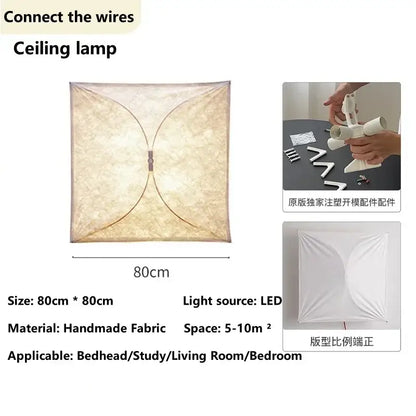 Square-shaped italian vintage ceiling light with beige handmade fabric shade and led light source for living room decorbites italian vintage