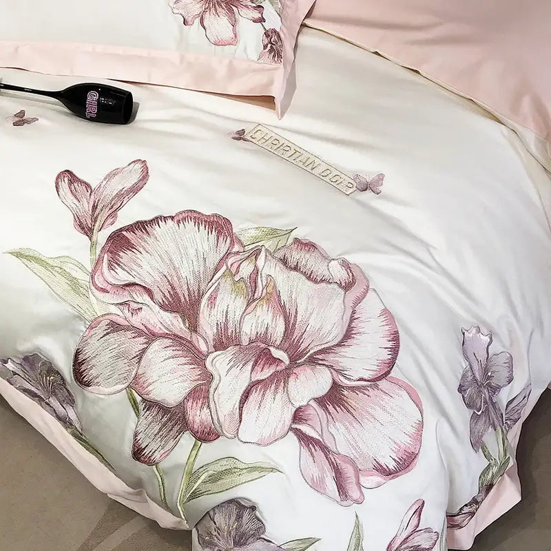 Ivory satin duvet cover with pink peony and green leaves embroidery from the decorbites blooming flowers bedding set
