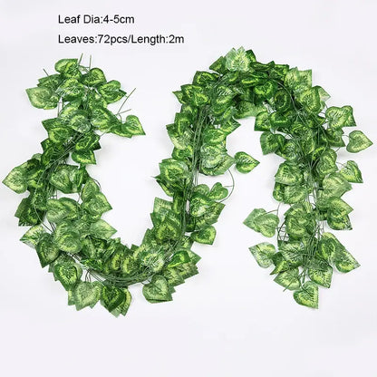 Green artificial ivy garland vine with variegated green fake leaves and wire stems for outdoor door decoration