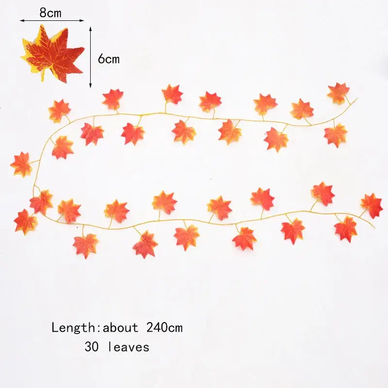 Decorative garland vine of 30 glossy orange and red maple leaves made from artificial ivy green fake leaves for outdoor use