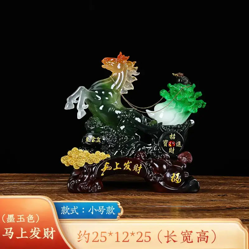 A polished jade green and translucent fortune horse ornament with golden mane pulling a carriage on dark wood base